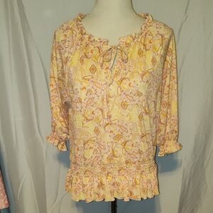 Melloday Blouse Floral Paisley Boho Ruffle Tie Neck Anthropologies Size Medium